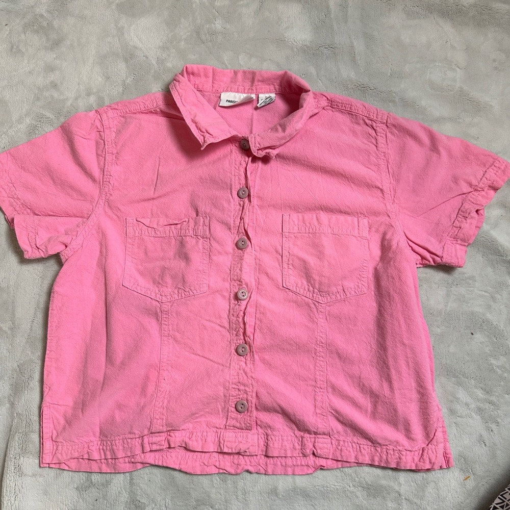 Women's Vintage Neon Pink Cropped Button‎ Up Short Sleeve Size Petite Large